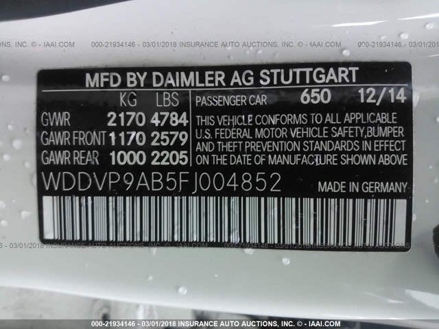 WDDVP9AB5FJ004852 - 2015 MERCEDES-BENZ B ELECTRIC WHITE photo 9