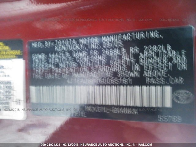 4T1FA38P36U085181 - 2006 TOYOTA CAMRY SOLARA SE/SLE წითელი ფოტო 9