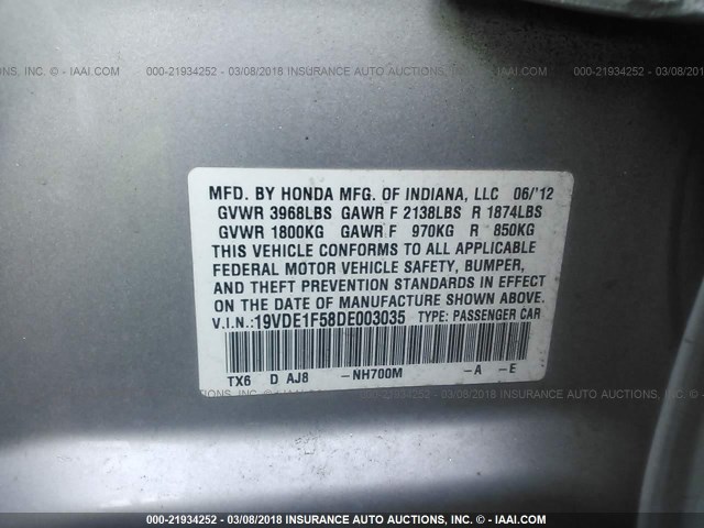 19VDE1F58DE003035 - 2013 ACURA ILX 20 PREMIUM SILVER photo 9