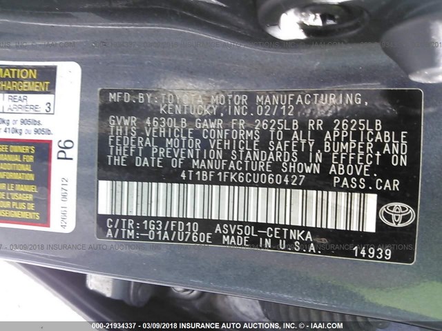 4T1BF1FK6CU060427 - 2012 TOYOTA CAMRY SE/LE/XLE GRAY photo 9
