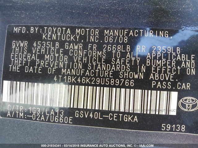 4T1BK46K29U589766 - 2009 TOYOTA CAMRY SE/LE/XLE GRAY photo 9