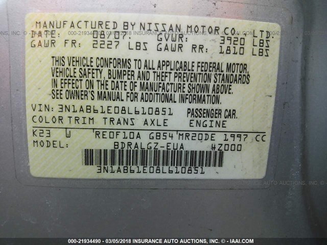 3N1AB61E08L610851 - 2008 NISSAN SENTRA 2.0/2.0S/2.0SL SILVER photo 9