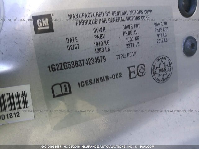 1G2ZG58B374234579 - 2007 PONTIAC G6 SE SILVER photo 9