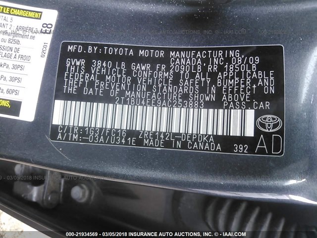 2T1BU4EE9AC253883 - 2010 TOYOTA COROLLA S/LE/XLE GRAY photo 9