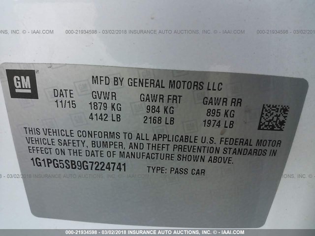 1G1PG5SB9G7224741 - 2016 CHEVROLET CRUZE LIMITED LTZ WHITE photo 9