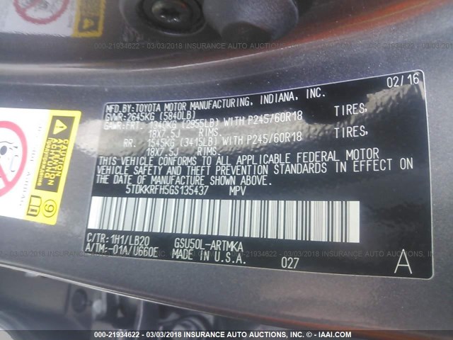 5TDKKRFH5GS135437 - 2016 TOYOTA HIGHLANDER XLE ნაცრისფერი ფოტო 9