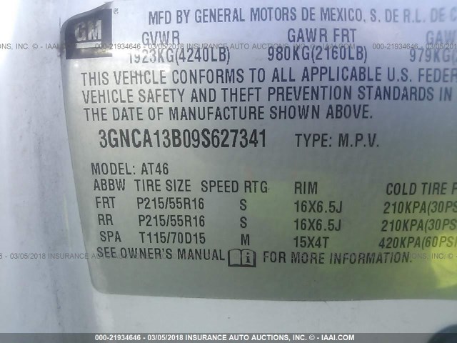 3GNCA13B09S627341 - 2009 CHEVROLET HHR LS WHITE photo 9