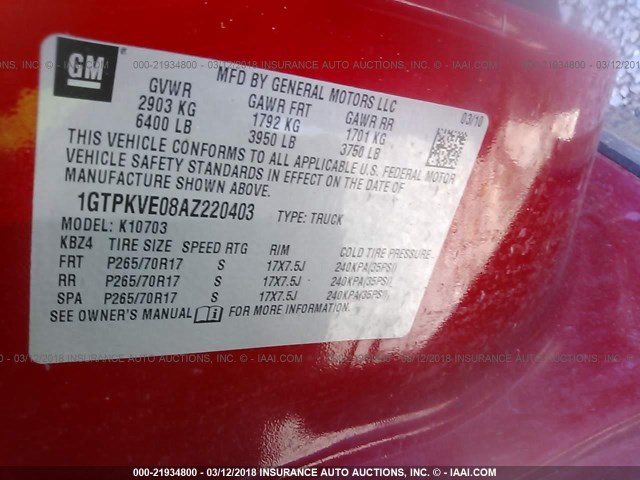 1GTPKVE08AZ220403 - 2010 GMC SIERRA K1500 SLE RED photo 9