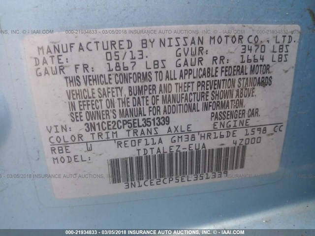 3N1CE2CP5EL351339 - 2014 NISSAN VERSA NOTE S/S PLUS/SV/SL BLUE photo 9