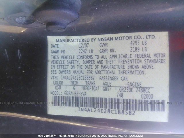 1N4AL24E28C188582 - 2008 NISSAN ALTIMA 2.5S GRAY photo 9