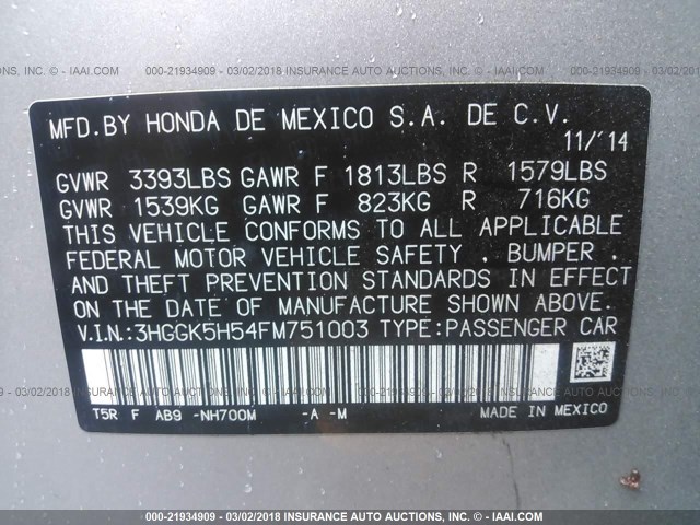 3HGGK5H54FM751003 - 2015 HONDA FIT LX Gris photo 9