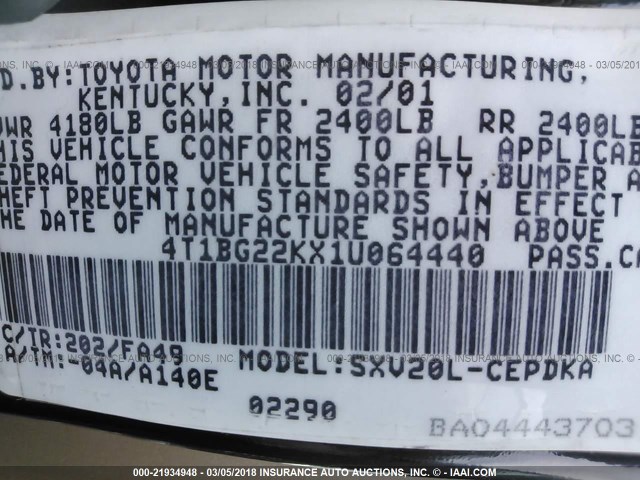 4T1BG22KX1U064440 - 2001 TOYOTA CAMRY CE/LE/XLE 黑色 照片 9