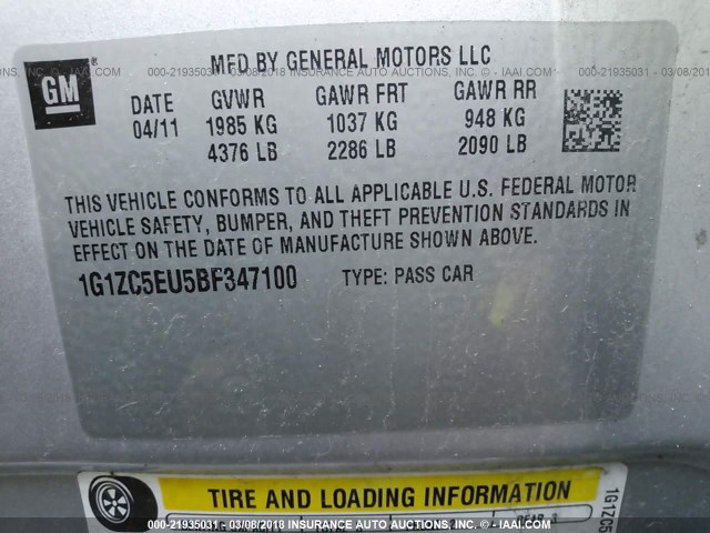 1G1ZC5EU5BF347100 - 2011 CHEVROLET MALIBU 1LT 银色 照片 9