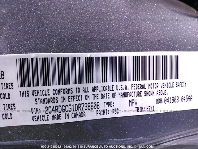 2C4RDGCG1DR738608 - 2013 DODGE GRAND CARAVAN SXT SILVER photo 9