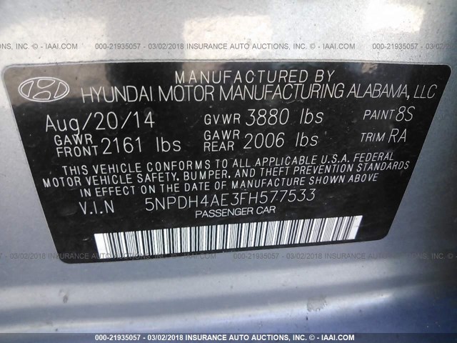 5NPDH4AE3FH577533 - 2015 HYUNDAI ELANTRA SE/SPORT/LIMITED SILVER photo 9