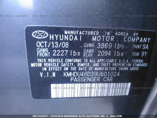 KMHDU46D39U601024 - 2009 HYUNDAI ELANTRA GLS/SE GRAY photo 9