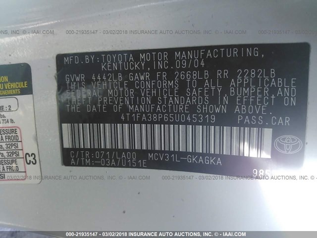 4T1FA38P65U045319 - 2005 TOYOTA CAMRY SOLARA SE/SLE თეთრი ფოტო 9