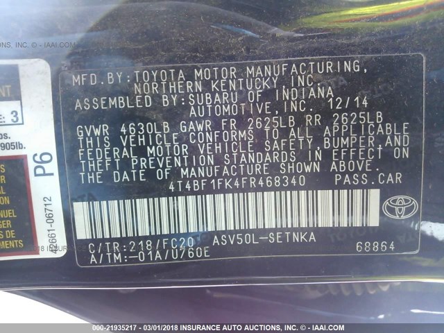 4T4BF1FK4FR468340 - 2015 TOYOTA CAMRY LE/XLE/SE/XSE შავი ფოტო 9