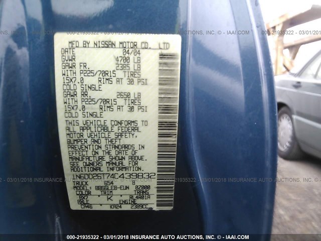 1N6DD26T74C439832 - 2004 NISSAN FRONTIER KING CAB XE BLUE photo 9