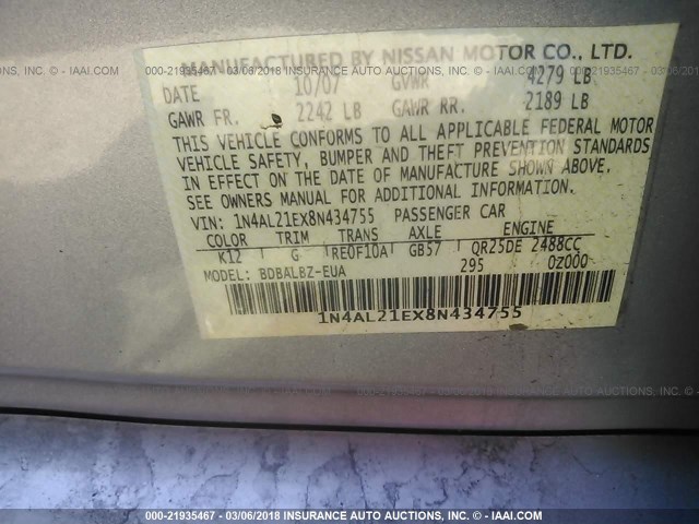 1N4AL21EX8N434755 - 2008 NISSAN ALTIMA 2.5/2.5S SILVER photo 9