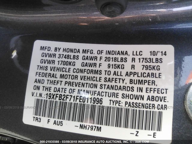 19XFB2F71FE011996 - 2015 HONDA CIVIC SE GRAY photo 9