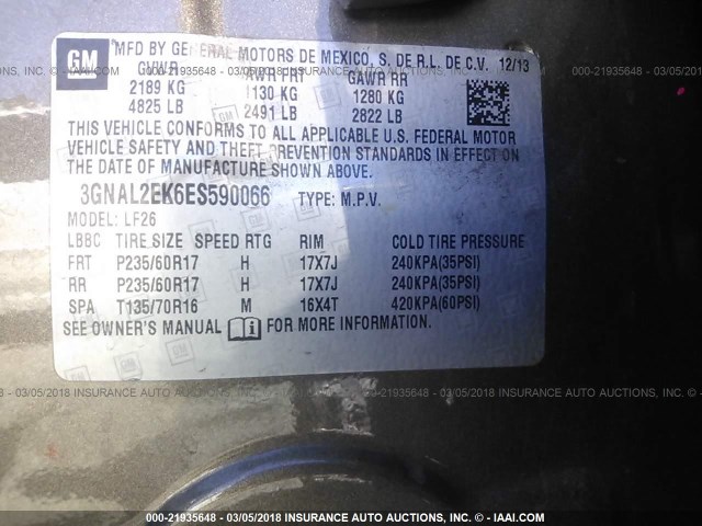 3GNAL2EK6ES590066 - 2014 CHEVROLET CAPTIVA LS 棕色 照片 9