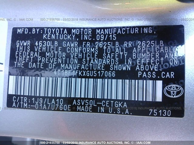 4T1BF1FKXGU517066 - 2016 TOYOTA CAMRY LE/XLE/SE/XSE ვერცხლისფერი ფოტო 9