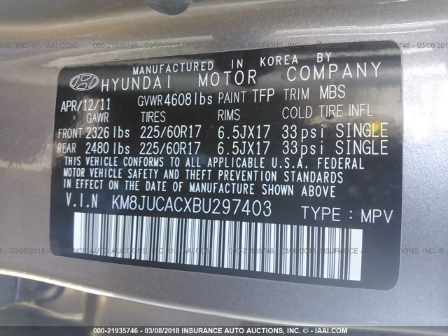 KM8JUCACXBU297403 - 2011 HYUNDAI TUCSON GLS/LIMITED 棕色 照片 9