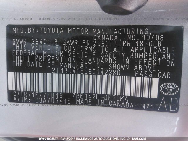 2T1BU40E59C142380 - 2009 TOYOTA COROLLA S/LE/XLE SILVER photo 9