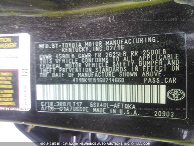 4T1BK1EB1GU214660 - 2016 TOYOTA AVALON XLE PLUS/PREMIUM/TOUR/LTD PURPLE photo 9