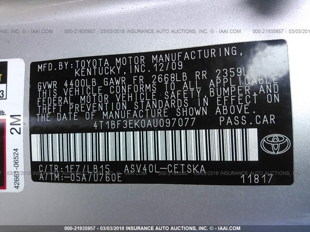 4T1BF3EK0AU097077 - 2010 TOYOTA CAMRY SE/LE/XLE SILVER photo 9