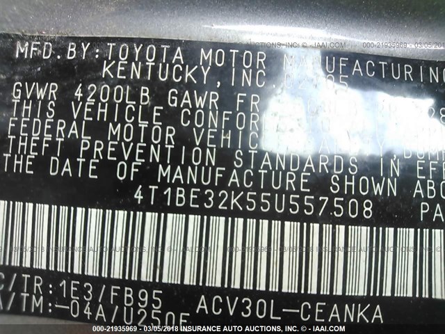 4T1BE32K55U557508 - 2005 TOYOTA CAMRY LE/XLE/SE GRAY photo 9