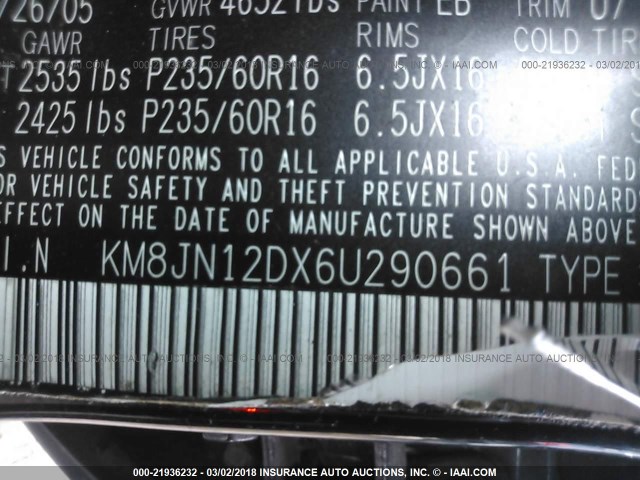 KM8JN12DX6U290661 - 2006 HYUNDAI TUCSON GLS/LIMITED შავი ფოტო 9