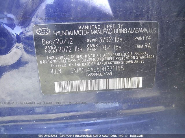 5NPDH4AE8DH271165 - 2013 HYUNDAI ELANTRA GLS/LIMITED BLUE photo 9