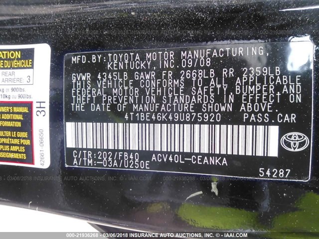 4T1BE46K49U875920 - 2009 TOYOTA CAMRY SE/LE/XLE BLACK photo 9
