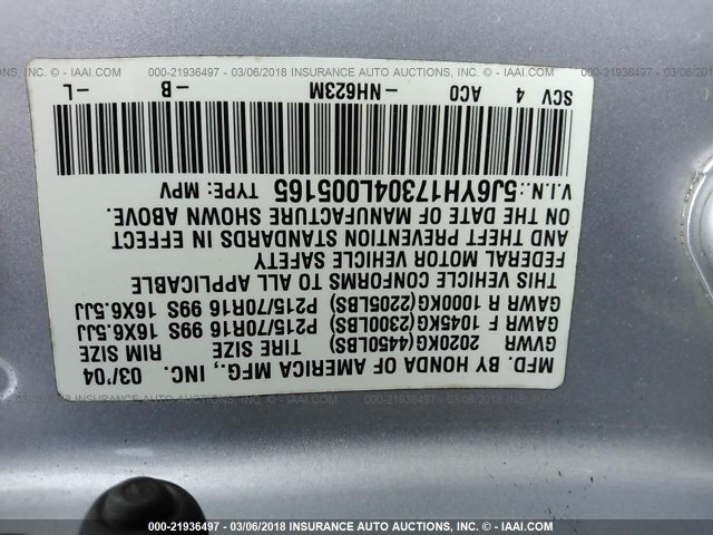 5J6YH17304L005165 - 2004 HONDA ELEMENT LX SILVER photo 9