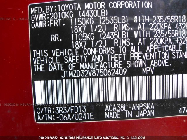 JTMZD32V875062409 - 2007 TOYOTA RAV4 SPORT RED photo 9