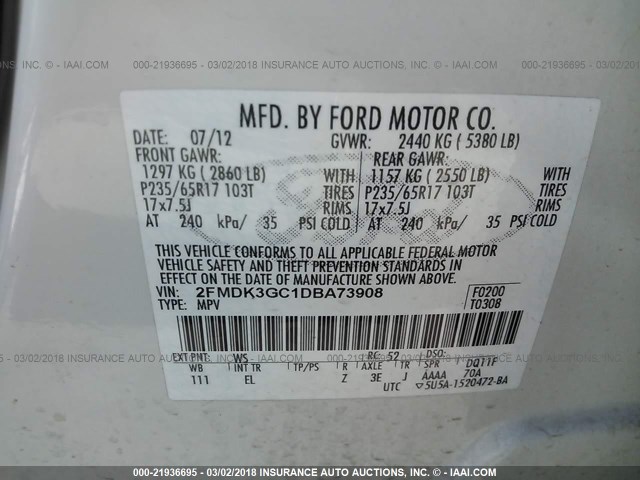 2FMDK3GC1DBA73908 - 2013 FORD EDGE SE WHITE photo 9