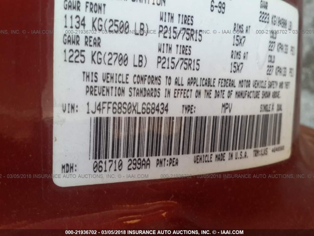 1J4FF68S0XL668434 - 1999 JEEP CHEROKEE SPORT/CLASSIC წითელი ფოტო 9