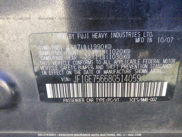 JF1GE75668G514059 - 2008 SUBARU IMPREZA WRX PREMIUM GRAY photo 9