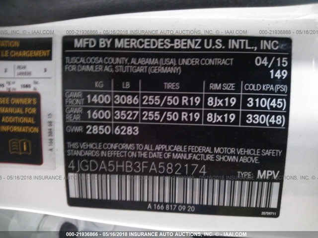 4JGDA5HB3FA582174 - 2015 MERCEDES-BENZ ML 350 4MATIC WHITE photo 9