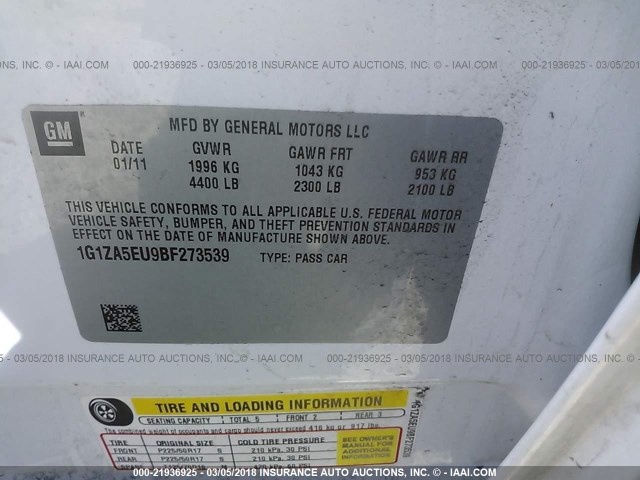 1G1ZA5EU9BF273539 - 2011 CHEVROLET MALIBU LS 白色 照片 9