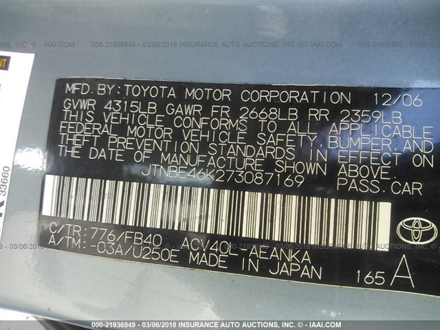 JTNBE46K273087169 - 2007 TOYOTA CAMRY NEW GENERAT CE/LE/XLE/SE GREEN photo 9