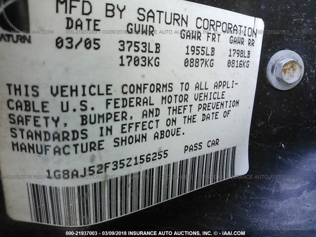 1G8AJ52F35Z156255 - 2005 SATURN ION LEVEL 2 GRAY photo 9