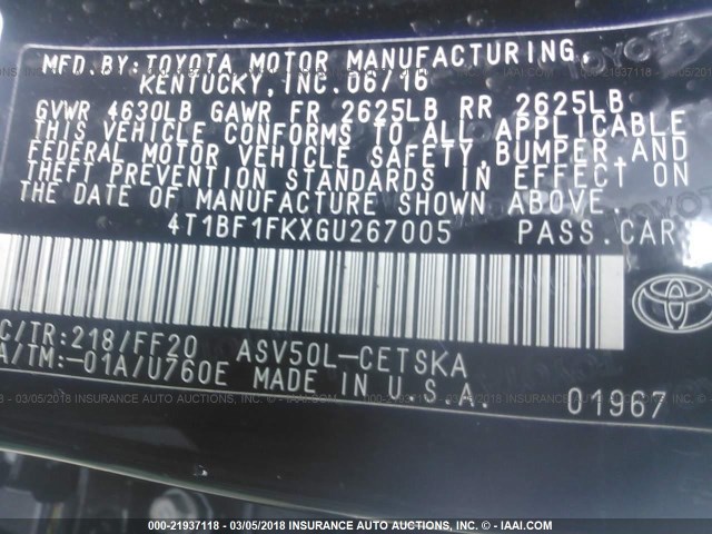 4T1BF1FKXGU267005 - 2016 TOYOTA CAMRY LE/XLE/SE/XSE BLACK photo 9