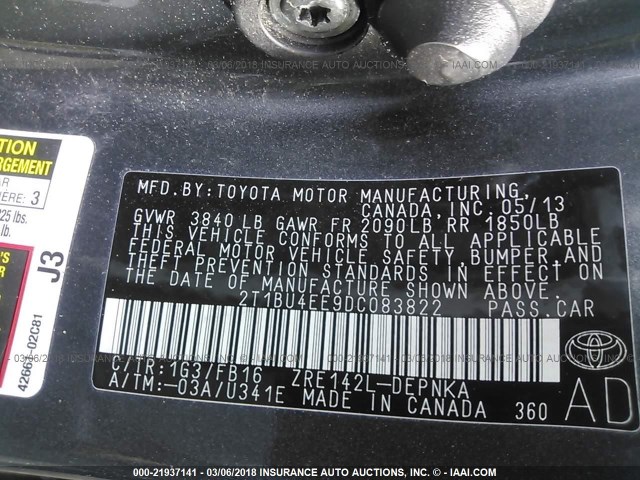 2T1BU4EE9DC083822 - 2013 TOYOTA COROLLA S/LE GRAY photo 9