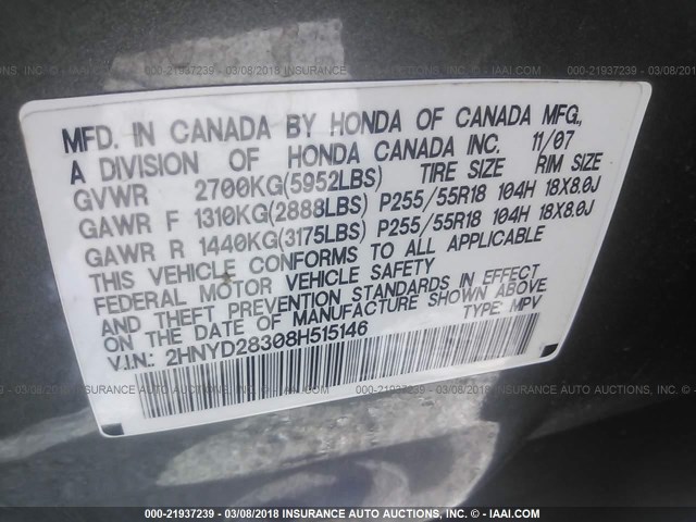 2HNYD28308H515146 - 2008 ACURA MDX TECHNOLOGY GRAY photo 9