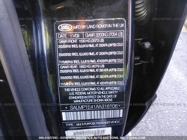 SALMP1E41AA316106 - 2010 LAND ROVER RANGE ROVER AUTOBIOGRAPHY BLACK photo 9