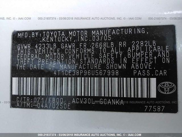 4T1CE38P96U567998 - 2006 TOYOTA CAMRY SOLARA SE/SLE WHITE photo 9