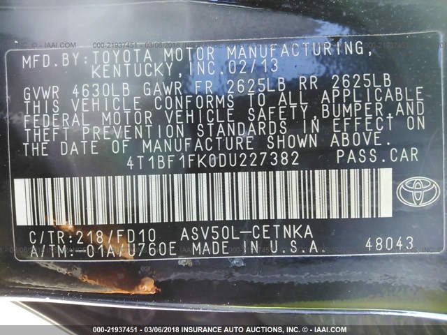 4T1BF1FK0DU227382 - 2013 TOYOTA CAMRY L/SE/LE/XLE 黑色 照片 9